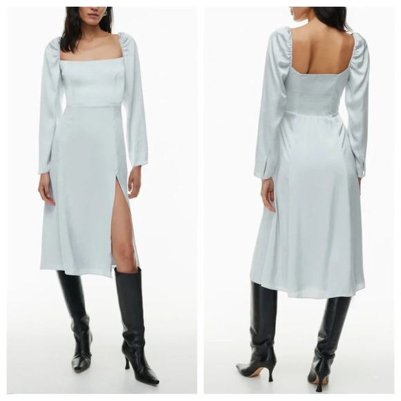 Wilfred Aritzia Bridgerton Satin midi Dress light gray smocked 22458 - Picture 1 of 13